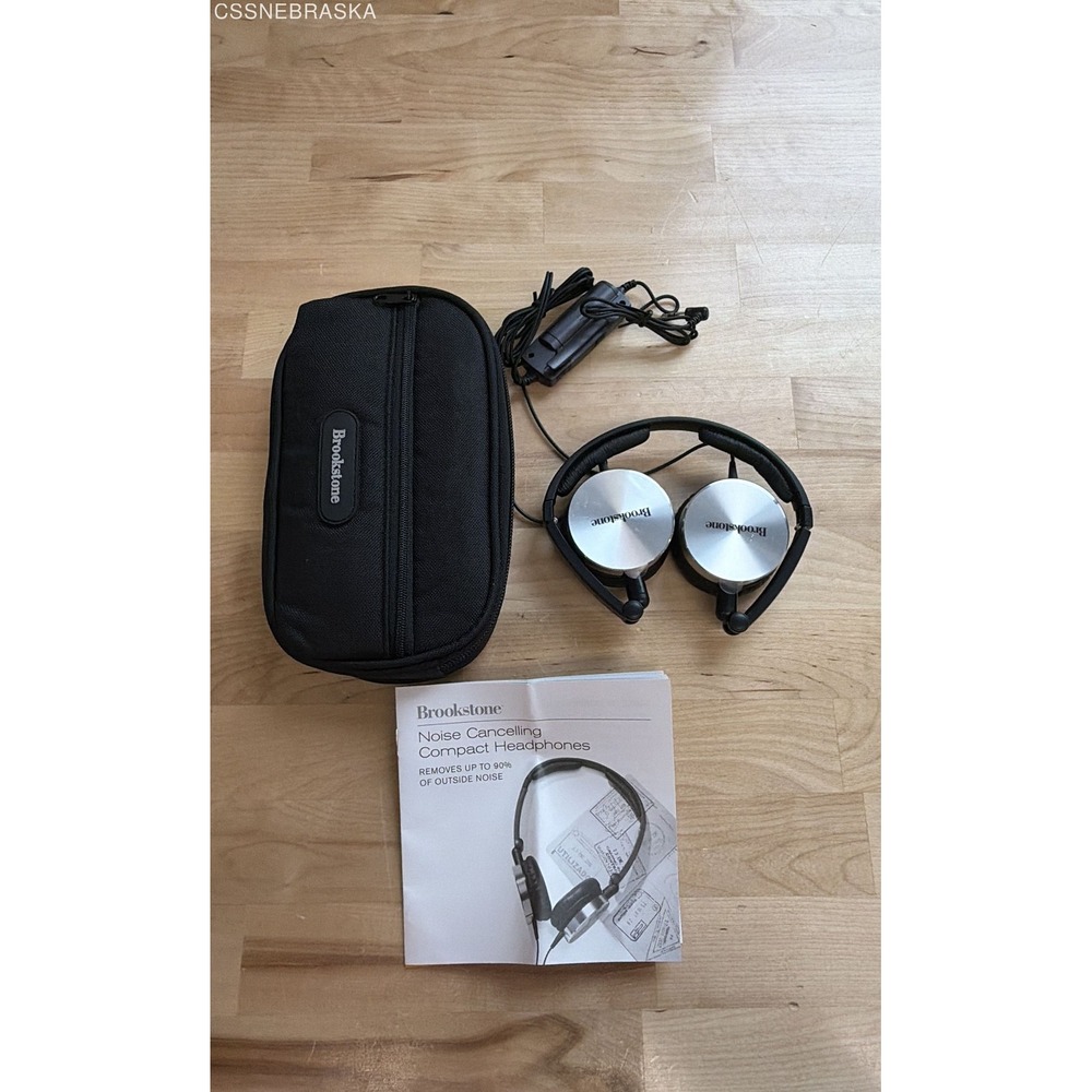 Brookstone Compact Noise Cancelling Headphones Silver Black Foldable Wired Case